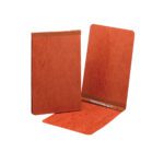 Two red Smead Premium Pressboard Report Covers, each with a textured surface and square corners, are displayed. One stands closed while the other is open, revealing a metal prong top fastener inside for sheet size 5-1/2 x 8-1/2. They offer functionality wrapped in simplicity.