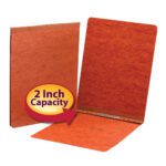 Two Smead Premium red pressboard report covers are displayed; one upright, one open revealing a metal prong with compressor. A label highlights their letter size and 2 capacity for efficient document storage.