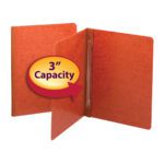The Smead Premium Pressboard Report Cover (81752), a red letter-size folder, features open and closed views. It includes metal prongs, a compressor, and a side fastener for 3 capacity. A graphic with an arrow highlights the 3 Capacity.