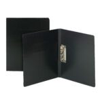 Two black Smead Premium Pressboard Report Covers, one closed and one open showing a metal punchless fastener, appear with a smooth exterior. These elegant letter-size covers (83050) come in boxes of 10 and stand proudly against a white background.