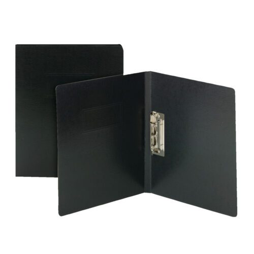 83050_C1.jpg Two black Smead Premium Pressboard Report Covers, one closed and one open showing a metal punchless fastener, appear with a smooth exterior. These elegant letter-size covers (83050) come in boxes of 10 and stand proudly against a white background.