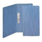 Two Smead Premium Pressboard Report Covers (83052), letter-size, blue with a mottled texture, featuring punchless style fasteners. One cover is open showing the mechanism, while the other stands closed. Comes boxed at 10 per pack.