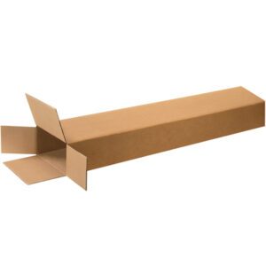 A brown cardboard box from the MH-USA 8 x 4 x 46 Side Loading Boxes (15/Bundle) is featured on a white background with partially open flaps, showcasing its spacious interior.