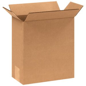 A brown MH-USA 8 3/4 x 4 3/8 x 9 1/2 corrugated box stands upright with open top flaps and visible edges against a white background, sold in bundles of 25.