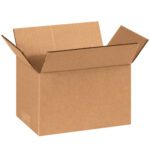 A MH-USA 8 x 5 x 4 corrugated box from a bundle of 25 is displayed with partially folded outward flaps against a white background, showcasing its durable construction and typical packaging design.