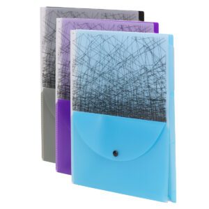 The Smead Poly Three-Divider Travel Organizer File (85736) offers three translucent, letter-size folders in blue, purple, and gray with abstract black line designs. Each features a flap with a black button and stands upright in an overlapping arrangement.