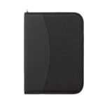 The Smead Padfolio, Zipper Closure, Letter Size, Black (85845) features a sleek and smooth design with a subtle curve. Its shown closed and standing vertically against a plain white background.