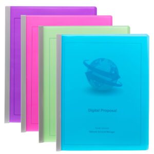Four Smead Poly Report Covers with a 25-sheet capacity stand upright; available in blue, green, pink, and purple for letter-size documents. The blue cover labeled Digital Proposal features a globe image. Sold as 4 per pack (86047).