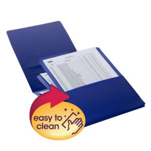 The Smead Organized Up? Poly Stackit? Organizers, Letter Size, Dark Blue, 2 per Pack (87006), come with documents inside. Featuring a easy to clean graphic with sparkles and a hand wiping in a yellow/red circle, it combines functionality and charm.