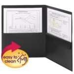A black Smead Poly Two-Pocket Folder (87700) elegantly displays documents with graphs for data analysis. It features an easy to clean badge with a hand icon and sparkles, all in a convenient letter size.