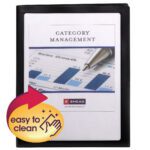 The Smead Frame View Poly Two-Pocket Folder, letter size, black (87705), features an office binder with Category Management and a cover image of a pen on a bar graph. It includes a logo and easy-to-clean sticker with a hand icon in the bottom left corner.