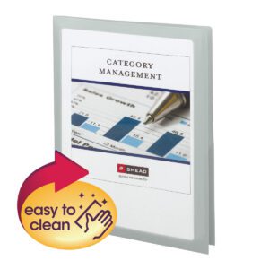 A Smead Frame View Poly Two-Pocket Folder, letter size, in Oyster features a Category Management label with blue graphs and a pen. An eye-catching yellow and red overlay with a hand icon reads easy to clean, highlighting the folder, available in convenient 5-pack (87706).