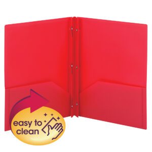 The Smead Poly Two-Pocket Folder with Tang Style Fasteners, Letter Size, Red, 3 per Pack (87730), features a vibrant red color and a yellow graphic with an arrow and hand icon assuring easy cleaning. Ideal for efficient organization.