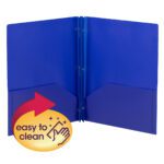 The Smead Poly Two-Pocket Folder in blue, letter size, features a red arrow and yellow badge with a hand icon and sparkles indicating it is easy to clean. It comes in sets of 3 per pack (87731).