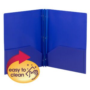 The Smead Poly Two-Pocket Folder in blue, letter size, features a red arrow and yellow badge with a hand icon and sparkles indicating it is easy to clean. It comes in sets of 3 per pack (87731).