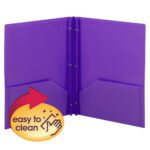 The Smead Poly Two-Pocket Folder, featuring tang style fasteners in purple and two inner pockets, includes a yellow circle illustration with a hand wiping a surface that states easy to clean. Available in letter size, 3 per pack (87734).