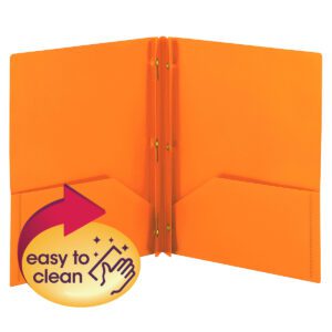 The Smead Poly Two-Pocket Folder, Letter Size, Orange (87735), includes tang fasteners and two inner pockets. Sold as a 3-pack, it features an easy to clean icon with a hand wiping motion and sparkles, emphasizing simple maintenance.
