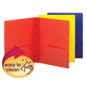 The Smead Poly Two-Pocket Folder with Tang Style Fasteners (87738) comes in red, yellow, and blue. The red folder has two pockets and a label with a hand icon and sparkles stating easy to clean. Each pack contains 3 folders.