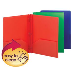 Three Smead Poly Two-Pocket Folders with Tang Style Fasteners, in assorted colors—red, green, and blue—are displayed in a fan. A circular icon featuring a hand and sparkles with a maroon arrow highlights easy to clean.