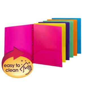 Smead Poly Two-Pocket Folders with Tang Style Fasteners, available in assorted colors (pink, yellow, green, purple, orange, blue), overlap each other. A circular icon with a hand and sparkles indicates they are easy to clean. Sold as 6 per pack (87747).