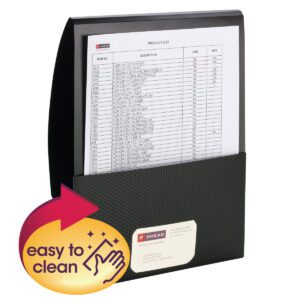The Smead Organized Up Poly Stackit Folders in black, letter size, 5 per pack (87805), hold documents securely. A textured look and an easy to clean icon with a hand and cloth embellish the bottom left corner.