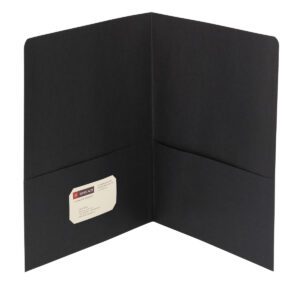 The Smead Two-Pocket Heavyweight Folder, Letter Size in black, comes with two interior pockets and a partially visible business card slot in the right pocket, ideal for organizing essentials. Available as a pack of 25 (Product ID: 87853).