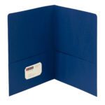The Smead Two-Pocket Heavyweight Folder (87854) in dark blue is designed for letter-size documents and features an open style with a business card slot in the right pocket. It stands upright on a white background, available 25 per box.