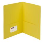 The Smead Two-Pocket Heavyweight Folder (Yellow, Letter Size) stands upright, showcasing its vibrant hue and minimalist design. Opened to reveal a paper label on the left pocket, it’s ideal for organizing letter-size documents with ease and style.