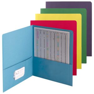 Five Smead Two-Pocket Heavyweight Folders are stacked and fanned in blue, yellow, red, green, and purple. The open blue one shows a chart paper and business card. Theyre letter-sized and available 50 per carton (87863). Perfect for organizing!.