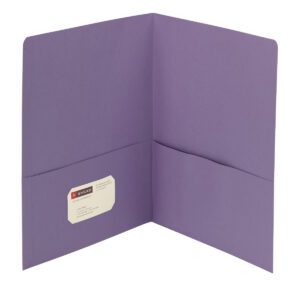 A Smead Two-Pocket Heavyweight Folder in lavender (87865) lies open, revealing its two inner pockets and a business card slot on the left pocket. Its smooth, letter-sized design with rounded corners adds an elegant touch.