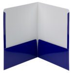 The Smead High Gloss Two-Pocket Folders, Letter Size, Navy, 25 per Box (87877), stand upright with vibrant blue panels slightly apart, adding sleek professionalism to any workspace.