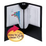 The Smead Poly Lockit? Two-Pocket Folder, black and letter-sized (product 87941), secures documents like bar graphs and tables. A yellow circle with an arrow and sparkling hand icon indicate its easy to clean.
