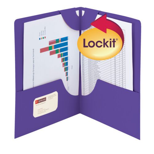 The Smead Lockit? Two-Pocket Folder, Letter Size, Purple (87943), securely holds documents like a colorful bar chart and a list of names, featuring a business card slot with a neatly placed card in the corner pocket.