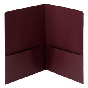 Standing upright against a plain background, this Smead Linen Two-Pocket Folder in maroon features two lined interior pockets. Offered in a pack of 25 per box (87947), it highlights its burgundy color and simple design.