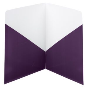 The Smead Contemporary Two-Pocket Folders feature a decorative white and dark purple backdrop with a geometric chevron-like design. The sections meet diagonally in the center, perfect for letter-size items. Available in boxes of 25 (87961).