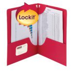 A red Smead Lockit? Two-Pocket Folder (letter size) reveals a document with a list and chart. It features a visible label pocket on the lower left and the Lockit logo on the top left. Model 87980, 25 per box.