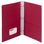 The Smead Two-Pocket Heavyweight Folder in red (88059) has a Tang Strip Style Fastener to keep papers secure and features a business card holder in the left pocket for easy display.
