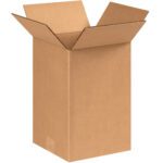 A tall, open MH-USA 8 x 8 x 11 corrugated box stands on a white background with unfolded flaps bent outward, exposing its empty interior. The natural brown box is typical and available in bundles of 25.