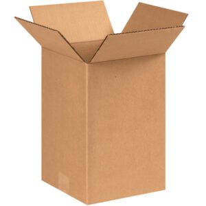 A tall, open MH-USA 8 x 8 x 11 corrugated box stands on a white background with unfolded flaps bent outward, exposing its empty interior. The natural brown box is typical and available in bundles of 25.