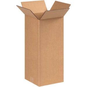 A tall MH-USA 8 x 8 x 18 corrugated box is shown upright with open flaps revealing its spacious interior and brown, textured design. Known for its durability, this box is available in bundles of 25 for all your packing needs.
