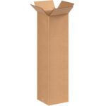 The MH-USA 8 x 8 x 30 tall corrugated boxes, sold in bundles of 25, are ideal for packing tall items with their open top flaps and stand upright, revealing a plain brown exterior.