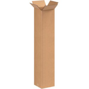 A tall, narrow MH-USA 8 x 8 x 40 brown corrugated box with open top flaps stands upright against a plain white background, offering a simple, unmarked design ideal for safely transporting items.