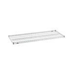 A metal wire shelving unit with a rectangular shape. The shelf consists of a grid pattern supported by a sturdy frame. It appears suitable for storage or organizational purposes. The shelf is isolated on a white background.