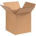 A sturdy MH-USA 8 x 8 x 9 corrugated box with flaps folded outward is displayed against a white backdrop, emphasizing its plain brown texture. This minimalist box, sold in a pack of 25, features no markings or labels.