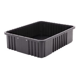 The black Metro TB93060CAS Conductive Polypropylene Tote, measuring 22.5 x 17.5 x 6, features ridged sides and a grid-pattern base; it rests against a plain white background, highlighting its sleek design and practicality.