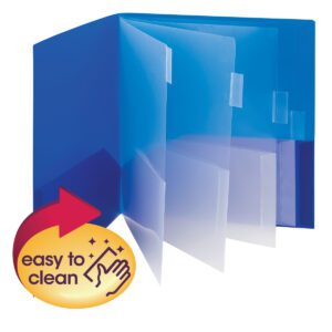 The Smead Poly Subject File Folder (89203) features 10 pockets, is letter-sized, comes in assorted colors with blue hues, and includes a yellow badge with a red arrow and cleaning icon that reads easy to clean.