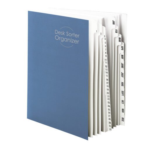 The Smead Desk File/Sorter in dark blue (89235) comes with 43 dividers featuring labeled tabs for each month and numbered sections from 1 to 31, ideal for organizing letter-size documents by both month and day.