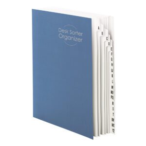 The Smead Desk File/Sorter (89282) is blue, letter-sized, and features 20 dividers with right-protruding alphabetical A-Z tabs labeled for organization. The front cover displays Desk Sorter Organizer in light text.
