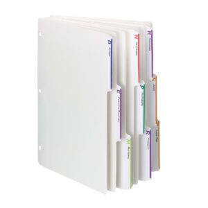 A set of Smead Viewables Three-Ring Binder Index Dividers, letter size in white, with staggered 1/3-cut tabs A-Z for organizing. They have three punched holes for easy binder insertion and come packed 75 per box (89413).