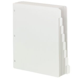 Six Smead Three-Ring Binder Index Dividers, 1/8-cut tab, in pristine white and designed for letter-size binders with precise three-hole punches stand upright against a seamless white backdrop. Available in boxes of 96 (89418), they combine practicality with style.